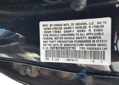 2014 Honda Civic Ex z USA, uszkodzony, nr VIN 19XFB2F89EE237761